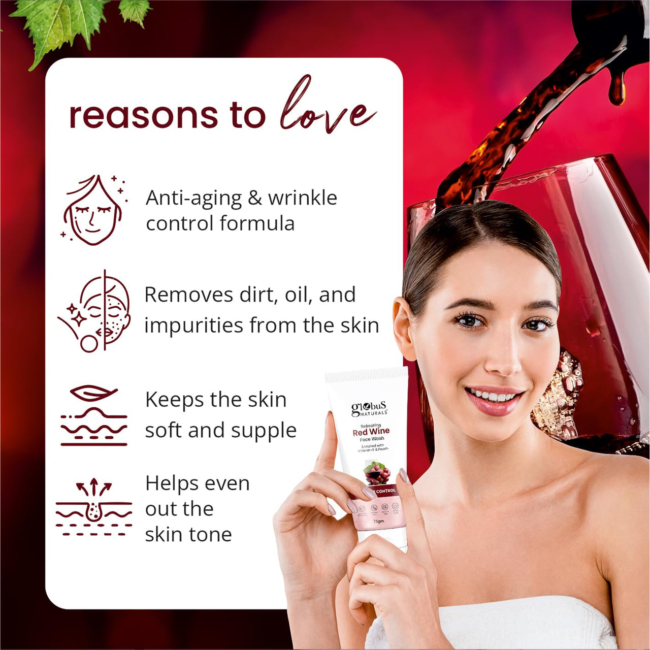 Globus Naturals Red Wine Hydrating Face Wash, Enriched With Rosemary & Honey, Wrinkle Control Formula, Natural, Gentle & Mild, Suitable For All Skin Types, 75 gm
