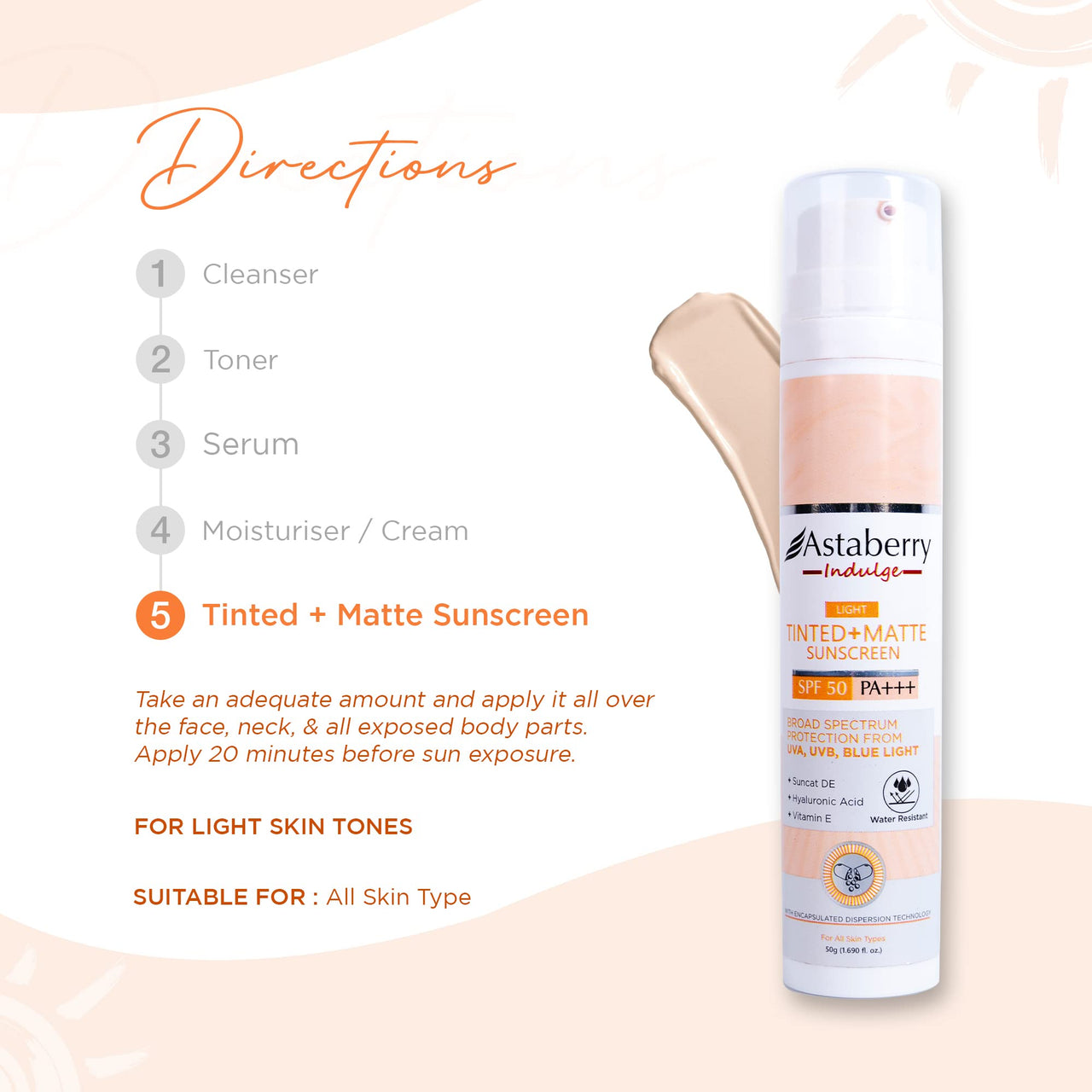 ASTABERRY Indulge Tinted Matte Sunscreen SPF 50 PA+++ | Broad Spectrum Protection from UVA/B & Blue Light | Suncat DE & No White Cast |Provides a Light Tint - 50g (Light), All