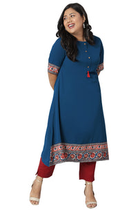 XL LOVE - By Janasya Women's  Plus Size Teal Poly Crepe Kurta