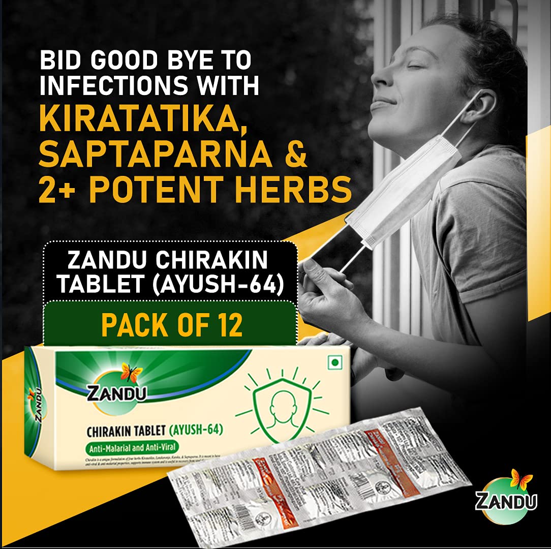 Zandu Chirakin Tablets (Ayush 64), Protection from Infections and Antiviral Properties, Helps in Managing & Building Overall Immunity, Health & Wellness - (Pack of 10 Tablets x 12 Strips)