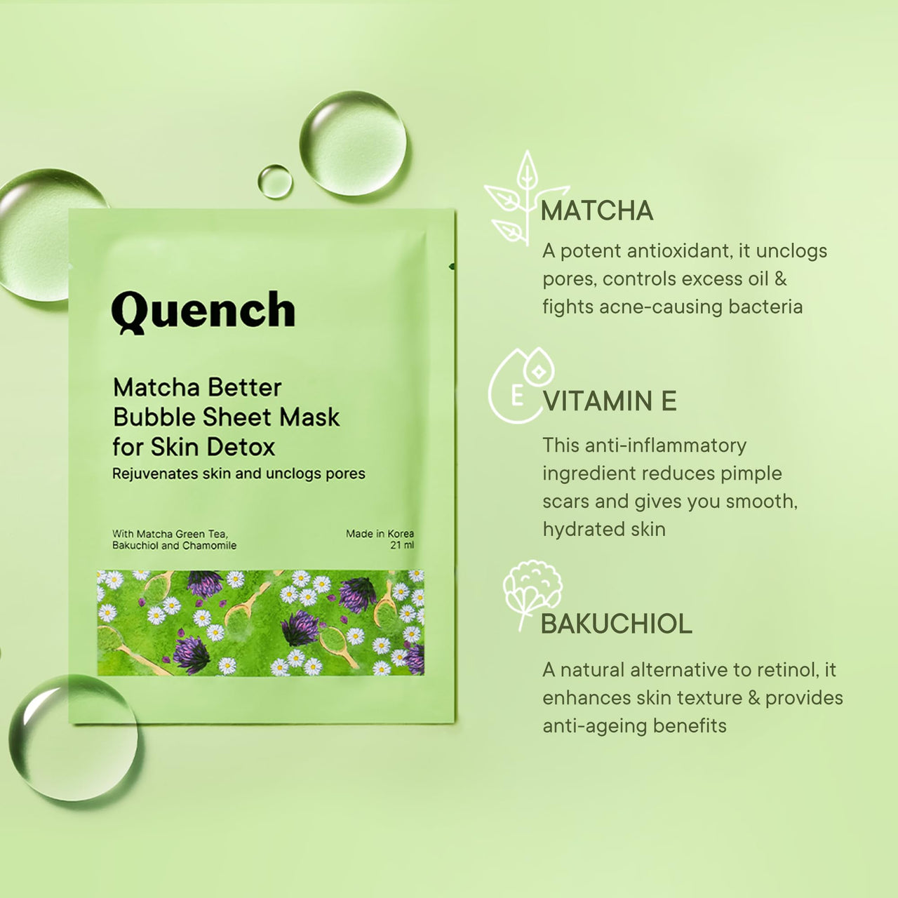QUENCH BOTANICS Korean Bubble Sheet Mask With Matcha Green Tea Anti-Oxidants | Self-Foaming Korean Mask For Glowing Skin | Deep Cleanses & Purifies Skin | Made In Korea (Pack Of 1, 21Ml)