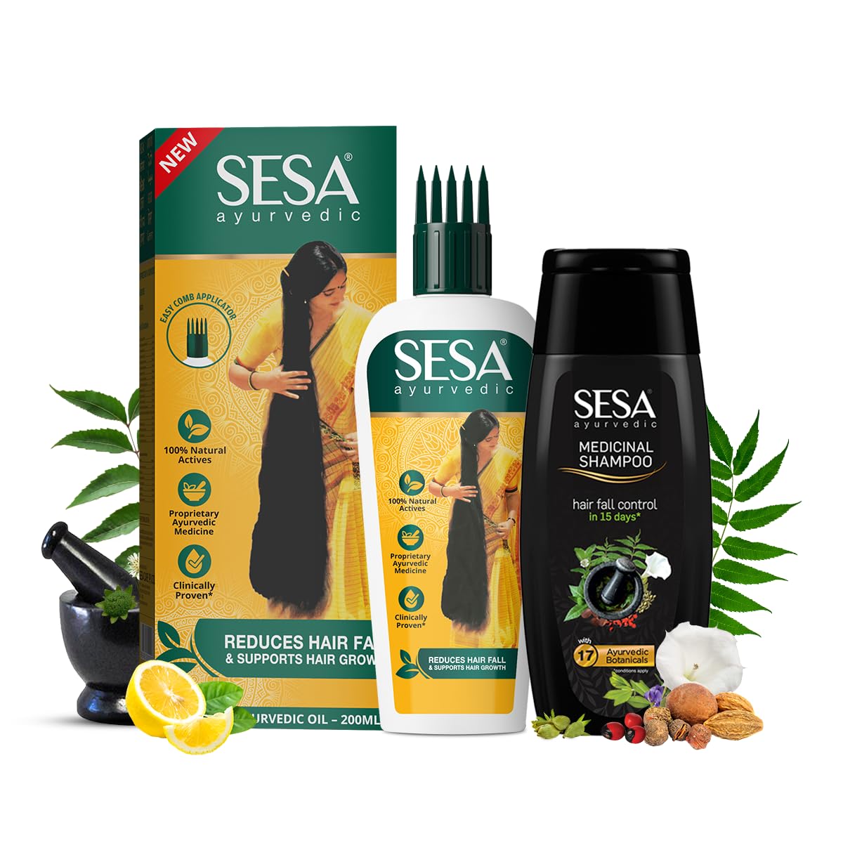 SESA Ayurvedic Hair Oil 200Ml + Ayurvedic Medicinal Shampoo 200Ml Combo Pack Control Hair Fall Nourishes Scalp Help Hair Growth For Men & Women