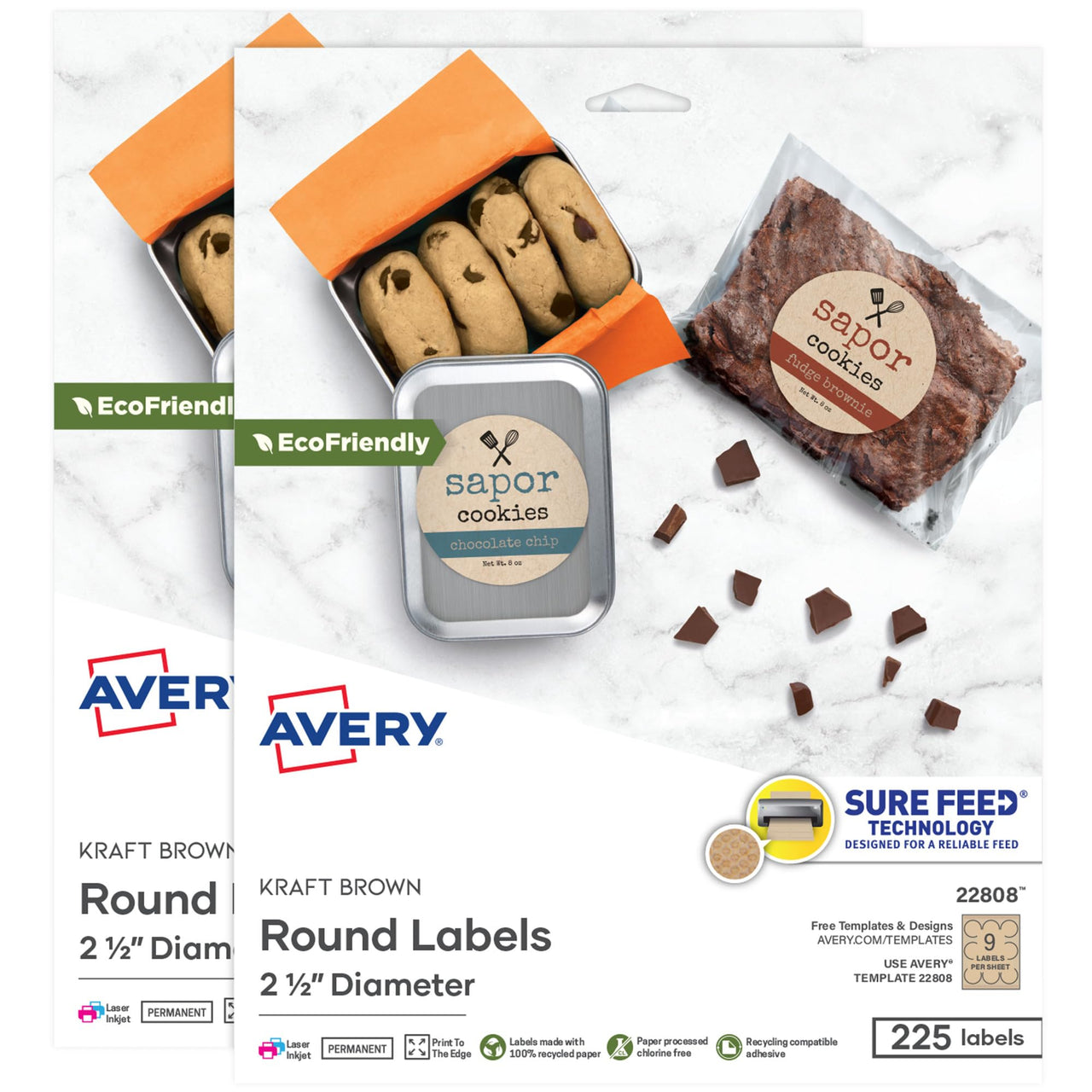 Avery Kraft Brown Round Labels with Sure Feed Technology, 2.5" Diameter, Print to The Edge, Laser/Inkjet Printable Labels, 2 Packs of 22808, 450 Total (5639) 450 labels