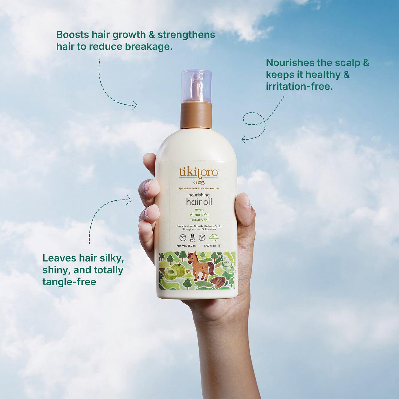 Tikitoro Kids Nourishing Hair Oil, 100% Vegan with Bringha, Amla, Olive, & Argan, Promotes & Conditions Hair Growth & Scalp, Non-sticky, Non-smelly & Non-greasy, No Paraben & Sulphate (150 ml)