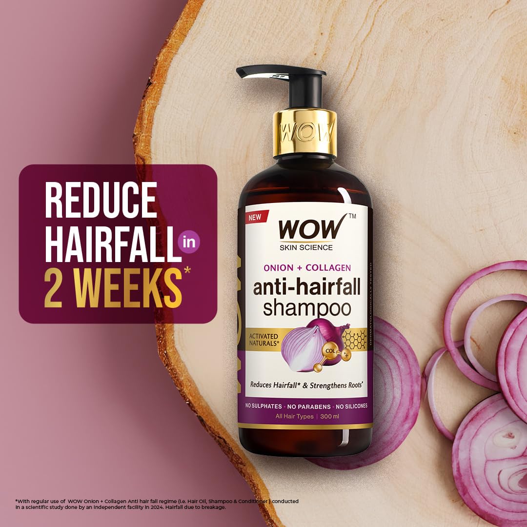 WOW Skin Science Onion & Collagen Anti-Hairfall Shampoo|Reduces Hairfall|Strengthens Roots|Nourishes Scalp|Prevents Breakage|Enhances Hair Thickness and Shine|New & Improved Formulation|300ml