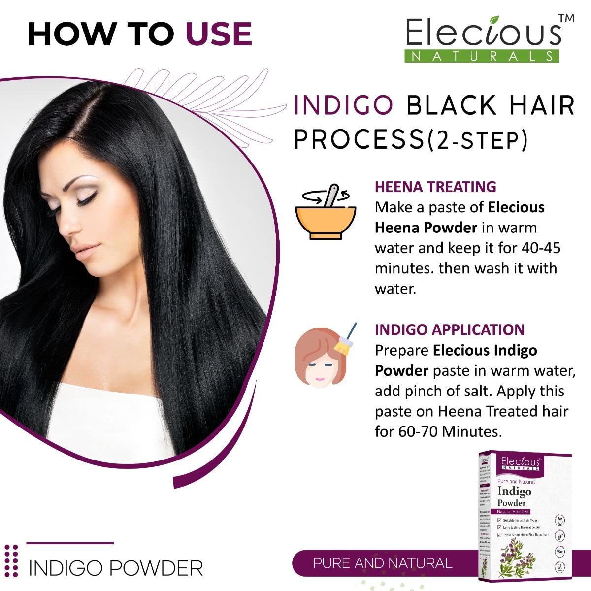 Elecious Indigo Powder for Hair black (200 Grams) | 100% Pure and Natural, No preservatives | Natural hair dye | No Ammonia, No PPD