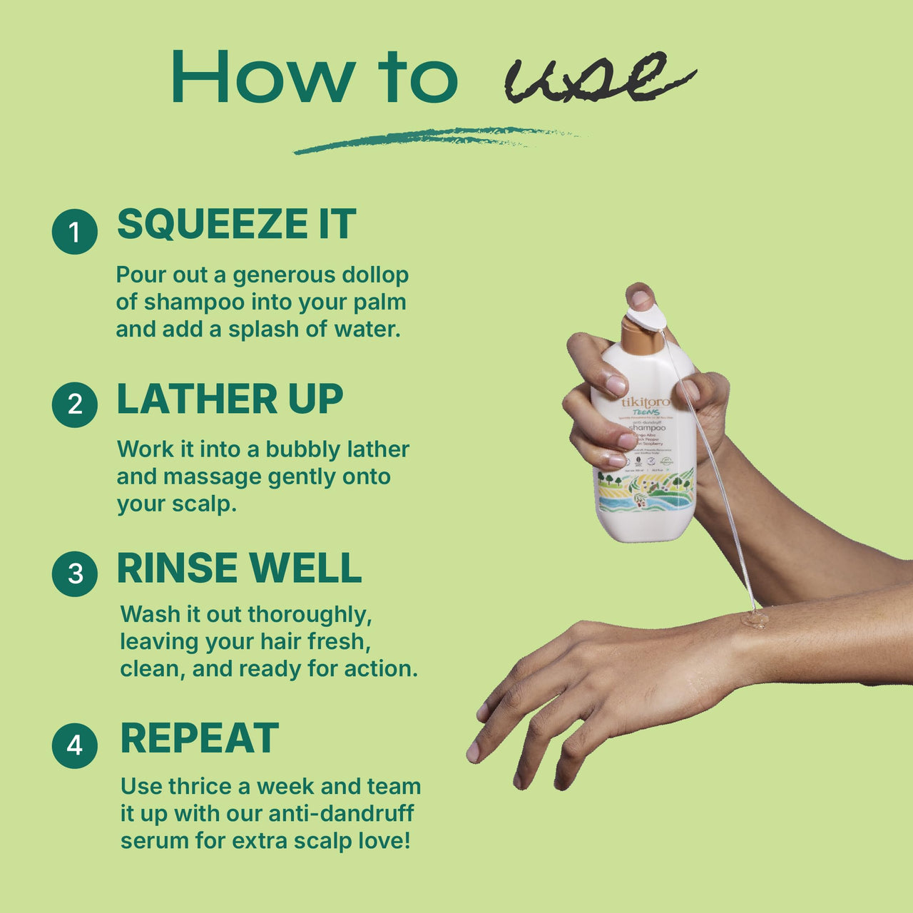 Tikitoro Teens Anti-dandruff Shampoo 100% Vegan with Aloe vera, Provitamin B5, Hibiscus, Rice Protein, Cleanses Scalp, Conditions Hair No Parabens & Sulphates (300ml x 1)