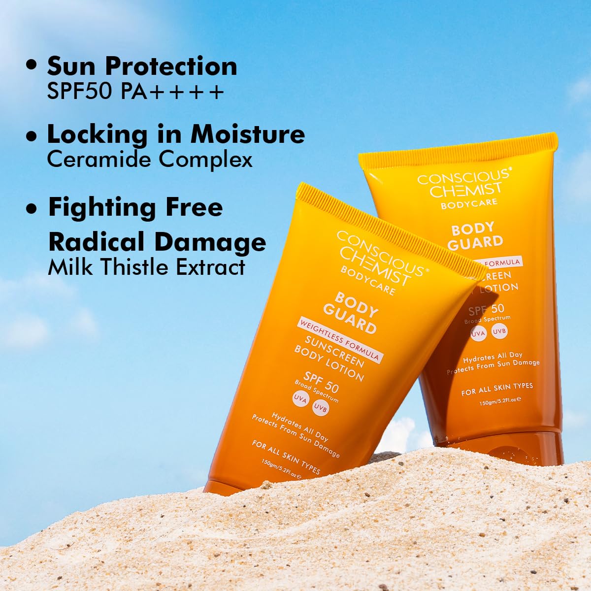 Conscious Chemist® Sunscreen SPF 50 | 150g | Sunscreen for Oily Skin, Instant Cooling, De-tan SPF Body Lotion, Niacinamide with Ceramides & Betaine, UVA/UVB Protection, Reduces Dark Spots, All Skin Types - Body Guard