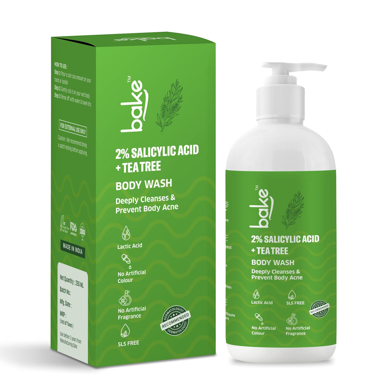 BAKE 2% Salicylic Acid & Lactic Acid Body Wash for Body Acne | Prevents Back Acne, Bumpy Skin, Reduces Skin Inflammation & Strawberry Legs | For Women & Men | 250ml