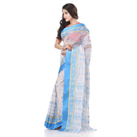 dB DESH BIDESH Women`s Traditional Bengal Phulkoli Woven Design Pure Handloom Cotton Saree Without Blouse Piece White Red