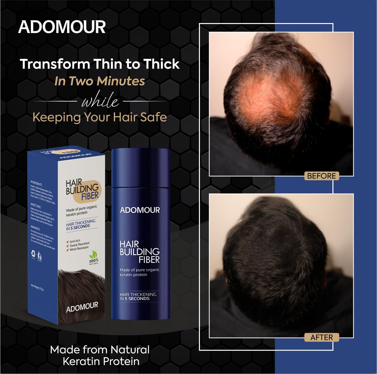 Adomour Hair Building Fiber 27.5g | Keratin Fibers for Thin, Fine & Thinning Hairs | Natural Coverage | Instant Thickening & Volumizing | Bald Spot Cover Up Hair Fiber Powder for Men & Women (Black)