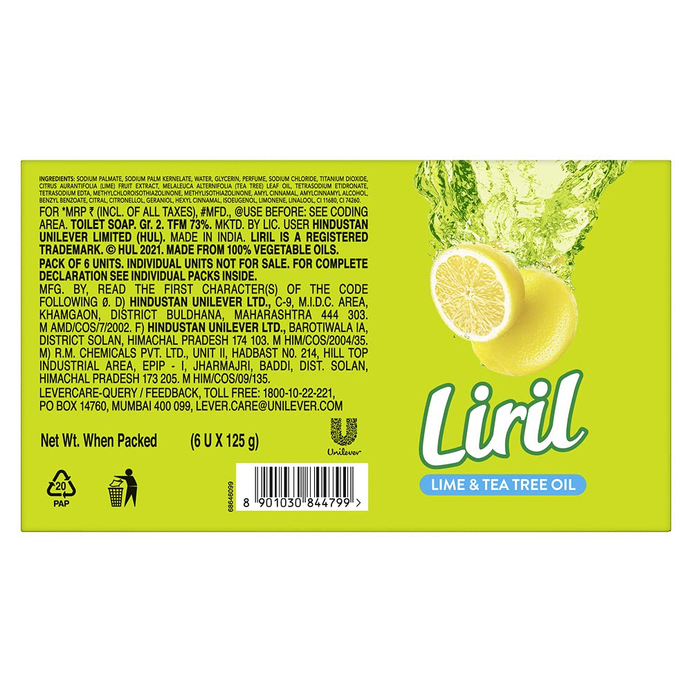Liril Lemon & Tea Tree Natural Bathing Soap for Body 125 g (Combo Pack of 12) Refreshing Bath Soap Bar for Men & Women - Sulphate Free|| Paraben Free