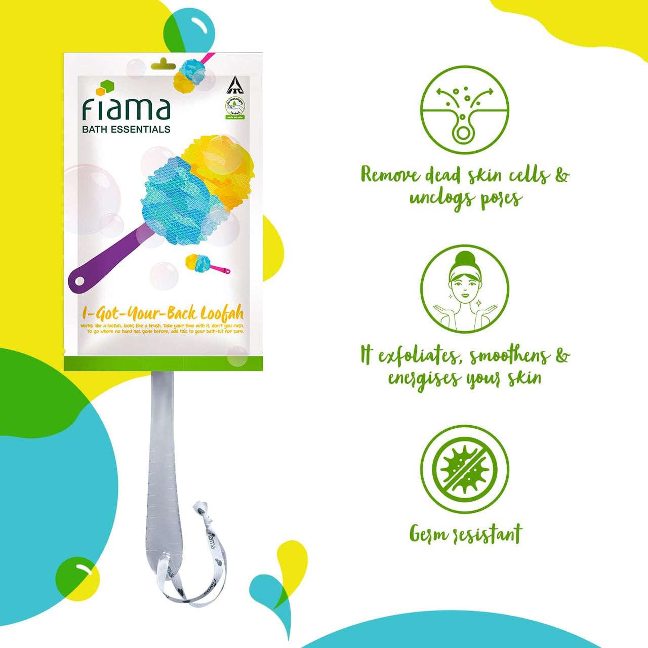 Fiama Bath Essential I-Got-Your-Back Body Loofah, Dermatologist Tested, Safe on Skin, Pack of 1, For Smooth, Exfoliated and Energized Skin