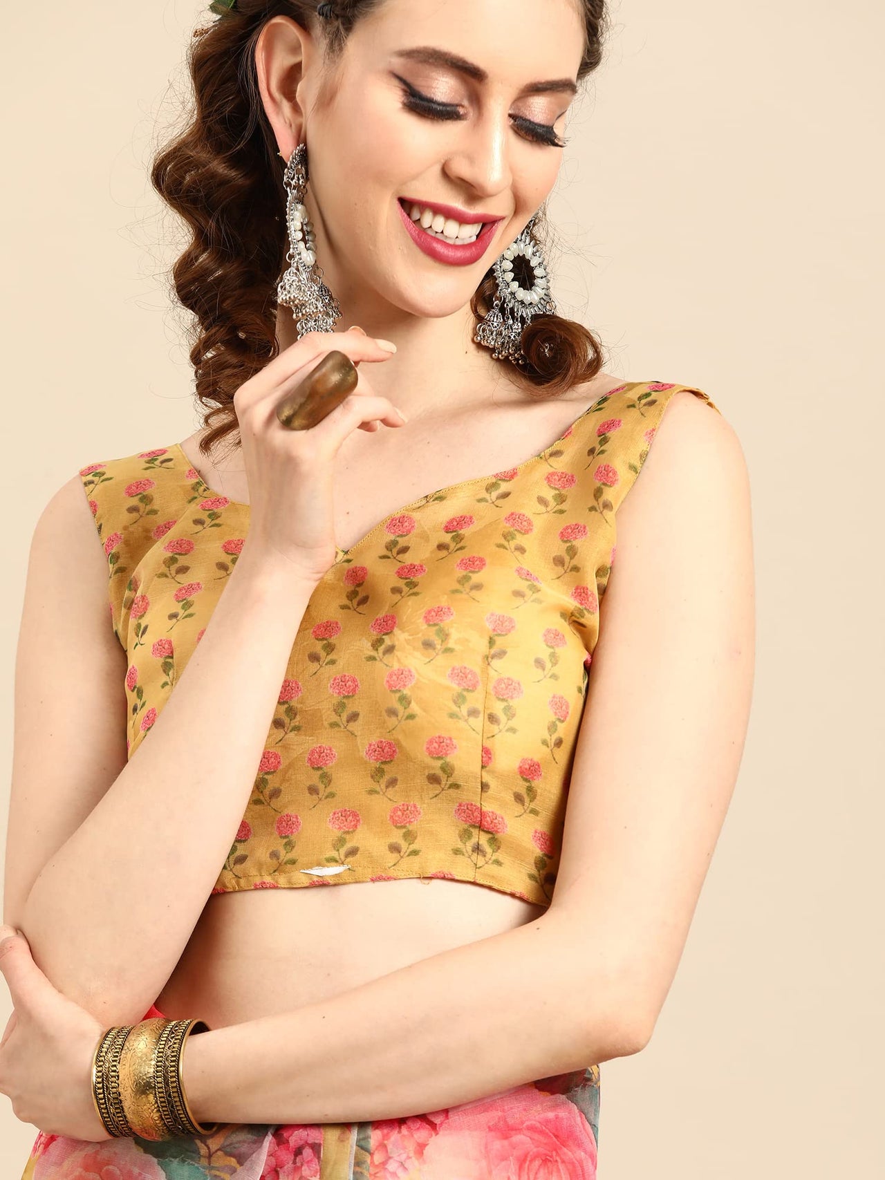 AKHILAM Women's  Knit Floral Printed Organza Saree with Unstitched Blouse Piece (FF0SAGE10_Parent)