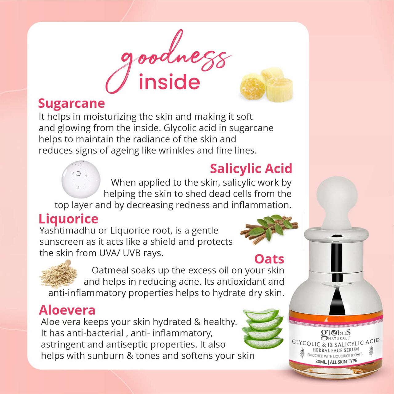 Globus Naturals Glycolic & 1% Salicylic Acid Anti Acne Face Serum, For Oily & Acne Prone Skin, Natural & Ayurvedic Formula, Chemical Free, Cruelty Free, 30 ml, Pack of 1
