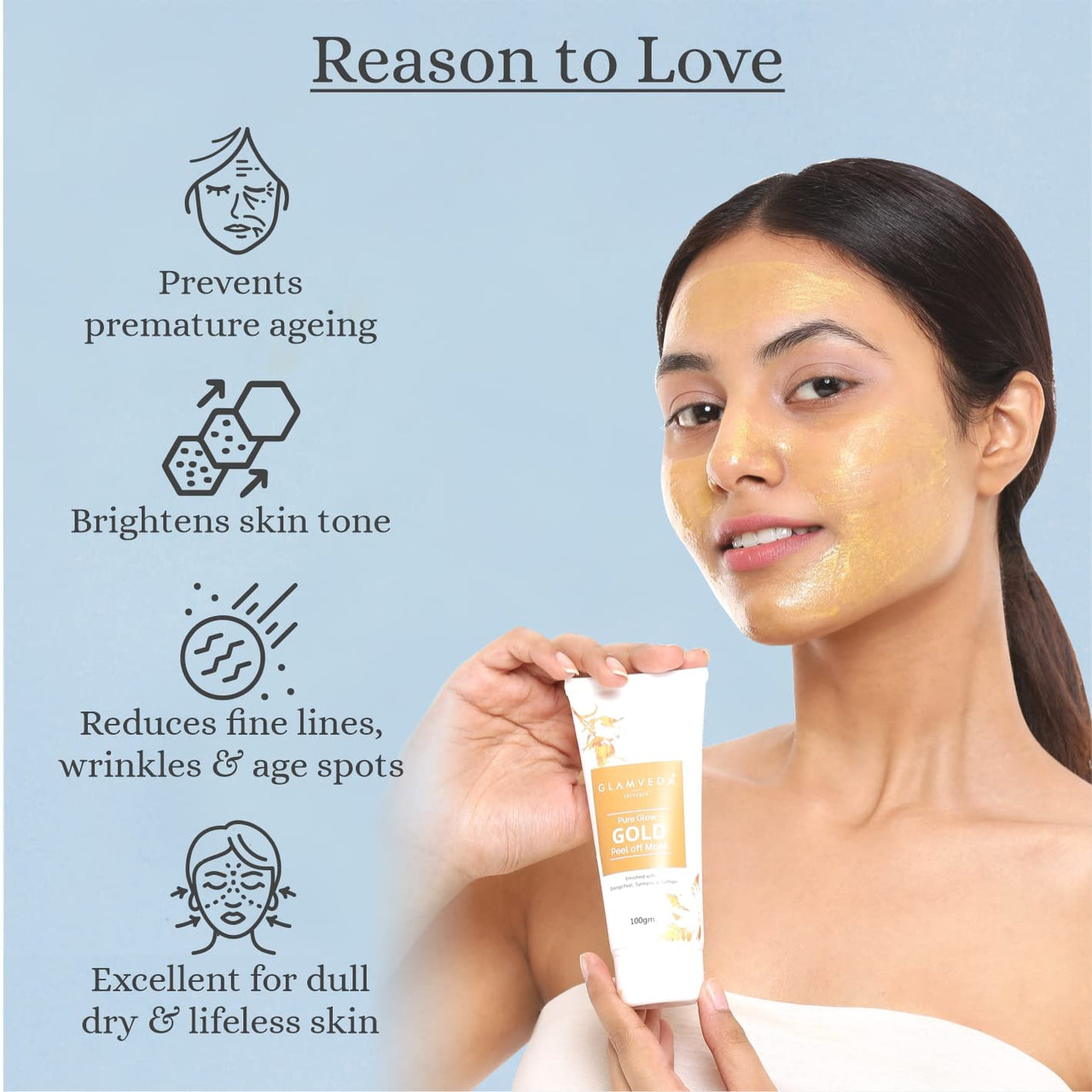 Glamveda Pure Glow Gold Peel Off Mask| Orange Peel,Turmeric & Saffron| Pack of 2