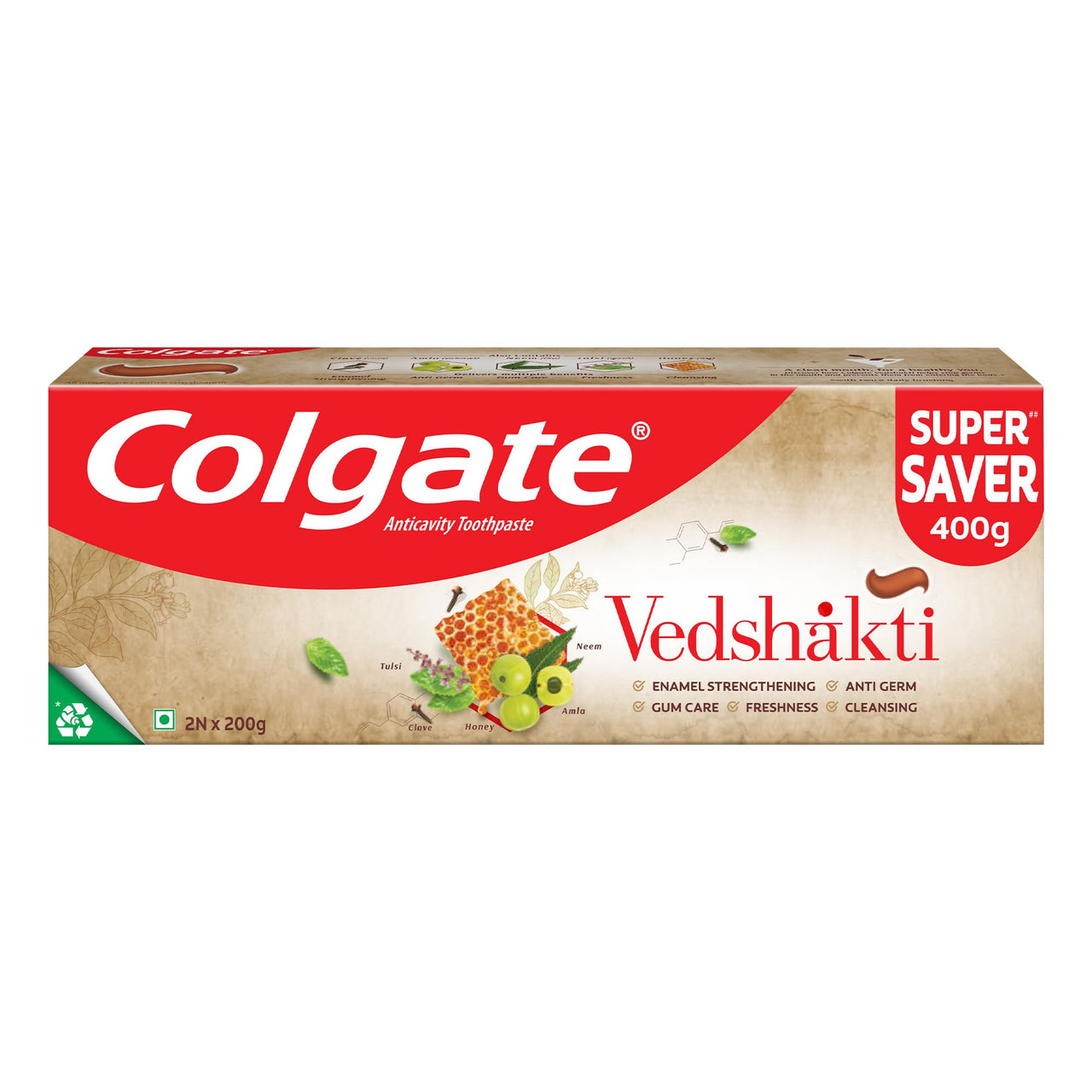 Colgate Vedshakti Toothpaste, Anti-Bacterial Tooth Paste for Whole Mouth Health and Fresh Breath, With Neem, Clove, and Honey, 400g, 200g X 2 (Combo Pack Offer)