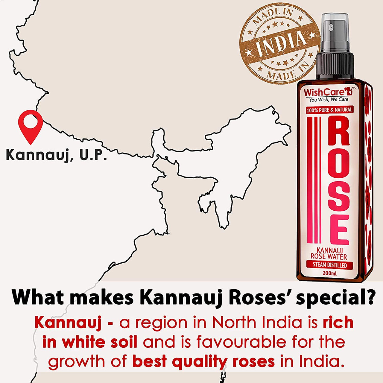 WishCare® 100% Pure & Natural Rose Water - For Skin, Face & Hair - Steam Distilled - Kannauj Gulab Jal - Spray Skin Toner - Free From Paraben, Alcohol & Chemicals - 50 ml