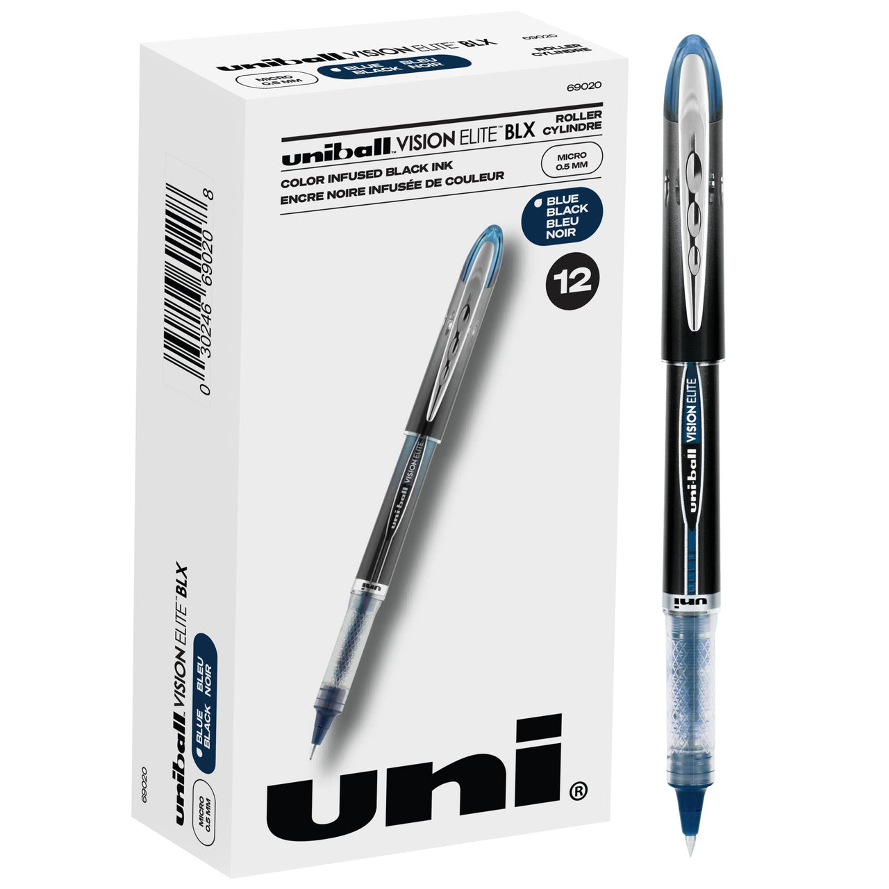 Uniball Vision Elite BLX Rollerball Pens, Blue/Black Pens Pack of 12, Micro Pens with 0.5mm Ink Black Pen
