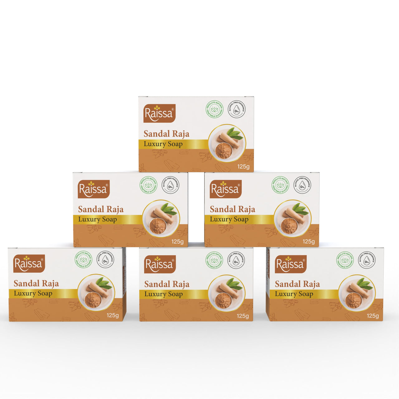 Raissa Sandal Raja Luxury Soap,125g (Pack of 6) Sandalwood Brightens & Soothes Skin,No Harsh Chemicals