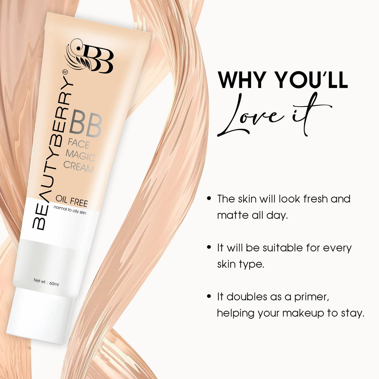 Beauty Berry BB Face Magic Cream Foundation – 60ml | Long Lasting, Matte Finish, Easily Blendable with Natural Coverage | Oil Free & Lightweight BB Cream for Women (Golden Beige)