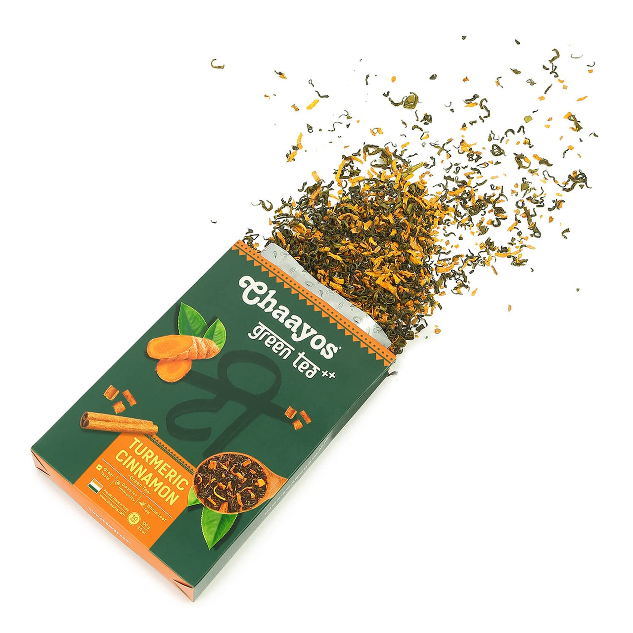 Chaayos Turmeric Cinnamon Green Tea | Turmeric Cinnamon Tea | Whole Leaf Loose Tea | Immunity Boosting - 100g [50 Cups] | Antioxidant Green Tea | Green Tea