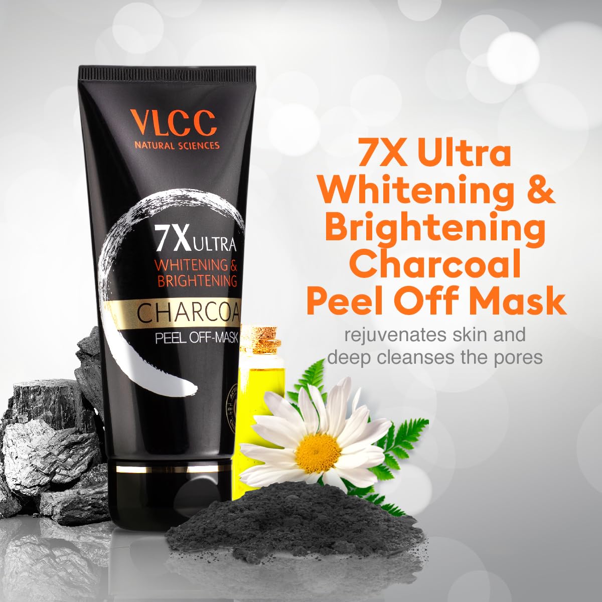 VLCC 7X Ultra Whitening & Brightening Charcoal Peel Off Mask - 100g X 2 | Vitamin E, & Lemon Peel Oil | Deep Cleanses & Reduces Blackheads, & Dark Spots