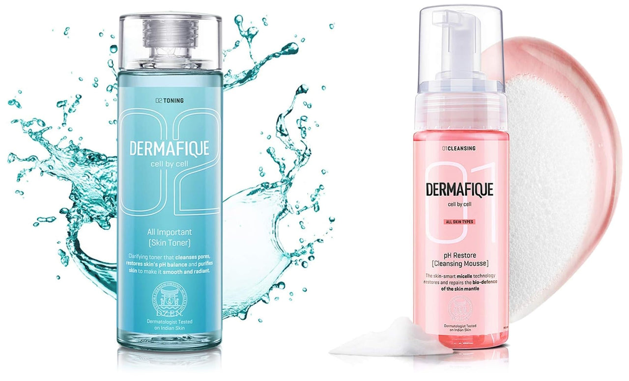Dermafique All Important Skin Toner, Aqua Marine, 150ml And Dermafique Ph Restore Cleansing Mousse, Pink, 150ml