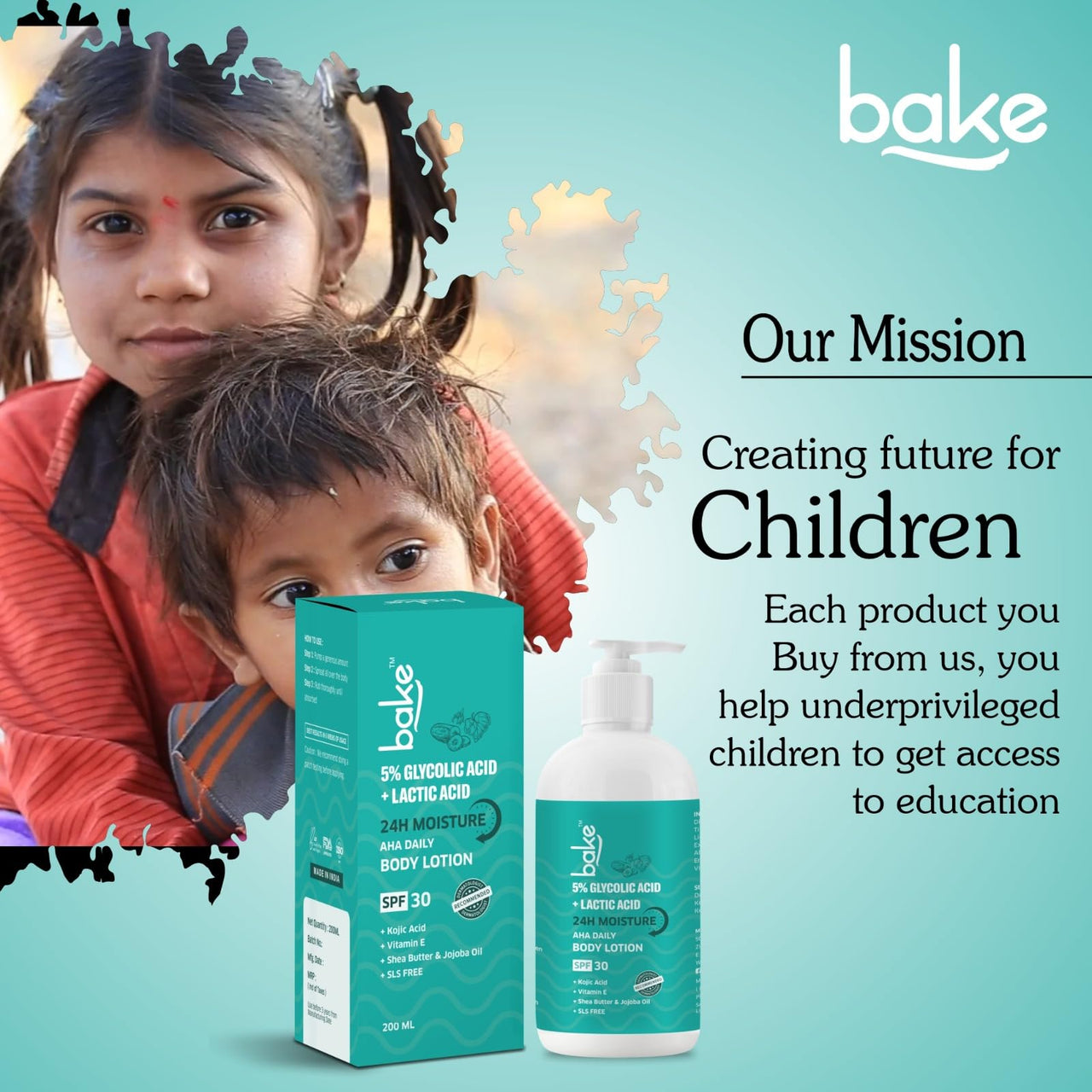 BAKE 5% Glycolic & Lactic Acid Body Lotion SPF 30 PA+++ for Dark Spots Body Acne | Dead Skin Removal & Uneven Skin Tone | 5% AHA Maxiimum Exfoliation | 200ml