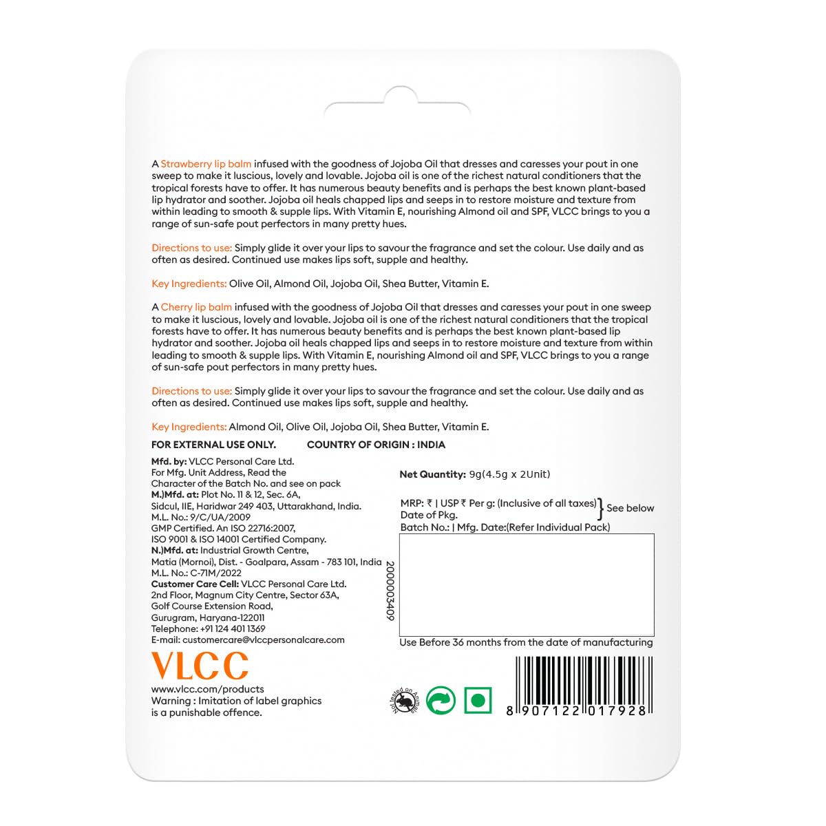 VLCC Roll On Lip Balm - Strawberry + Cherry - 4.5g + 4.5g | | SPF Protection | Infused with Jojoba Oil, Shea Butter, and Vitamin E for Soft, Nourished Lips