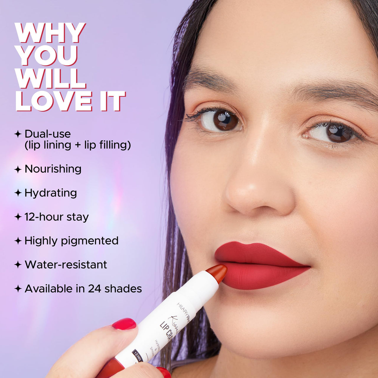 Hilary Rhoda Kissable Lip Crayon |12-Hour Stay | Highly Pigmented Matte Finish | Smudge-Proof & Transfer proof Lipstick | Retractable Lip Crayon | 3.5g - (Deep Maroon | Shade 24)