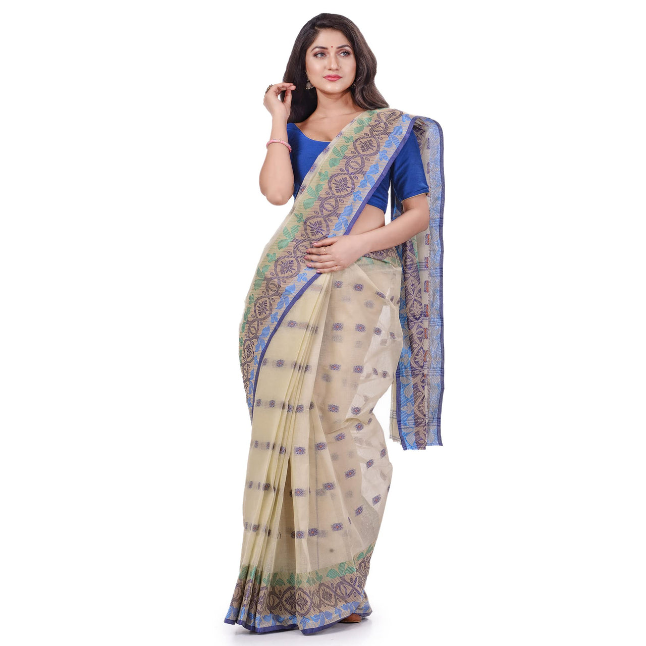 dB DESH BIDESH Women`s Traditional Bengal Tant Tri Leaf Woven Design Pure Handloom Cotton Saree Without Blouse Piece