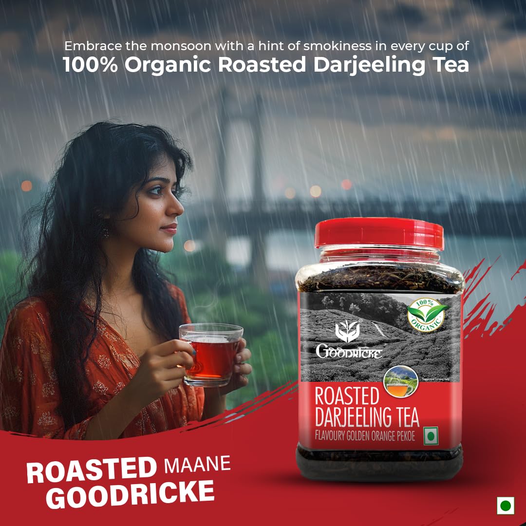 GOODRICKE Roasted Organic Darjeeling Tea Jar- 250gm | Flavoury Golden Orange Pekoe | 100% Pure & Natural Darjeeling tea| Premium Loose Leaves Black Tea | Rich Aroma and Long Lasting AfterTaste