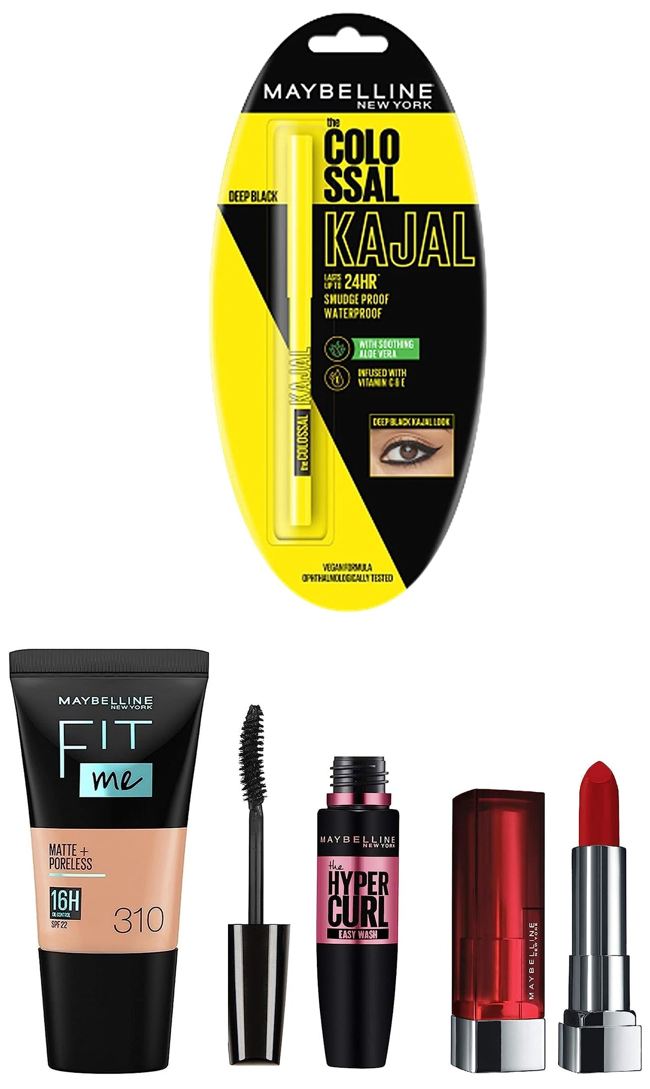 Maybelline New York Date Night Buildable Makeup Kit - Fit Me Foundation Tube Sun Beige + Hypercurl Mascara Washable + Colossal Kajal + Creamy Matte Siren In Scarlet, Pack Of 1, Oily