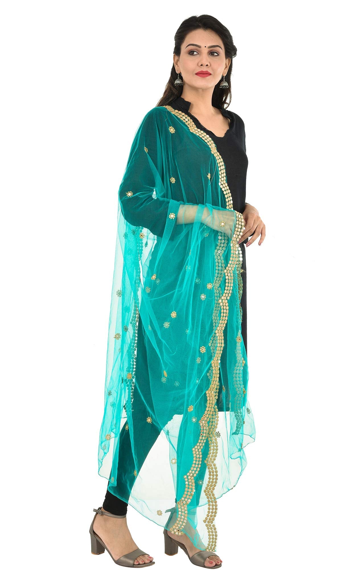 YOUTHQUAKE Heavy Embellished Plastic Mirror Net Dupatta for Womens & Girls