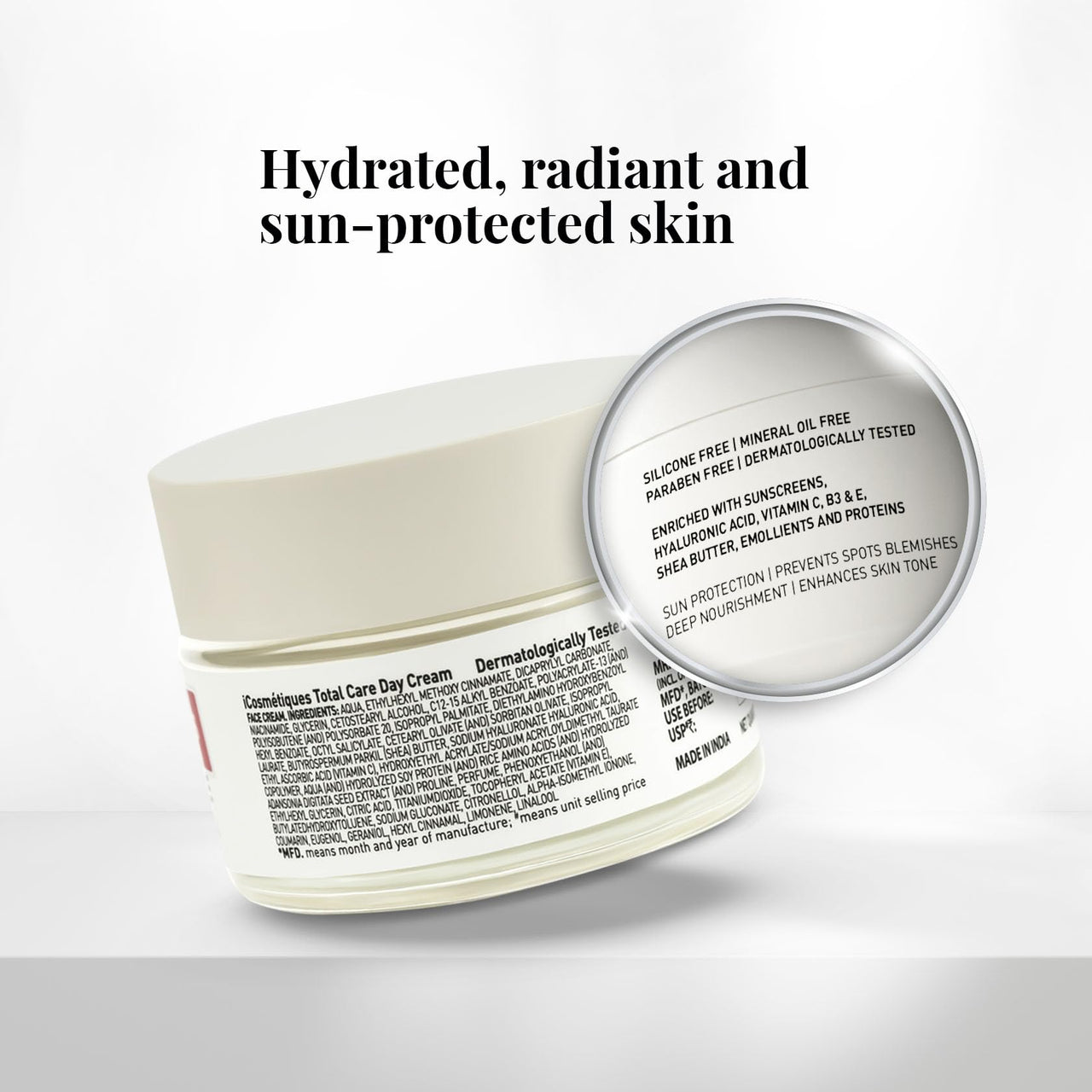 iCosmetiques Day Cream |Vitamins B3, C, E |Shea Butter & Glycerin |SPF Protection with 4 Sunscreens for Glowing Skin |Mineral Oil & Silicone Free |Unisex Total Care Formula |50g