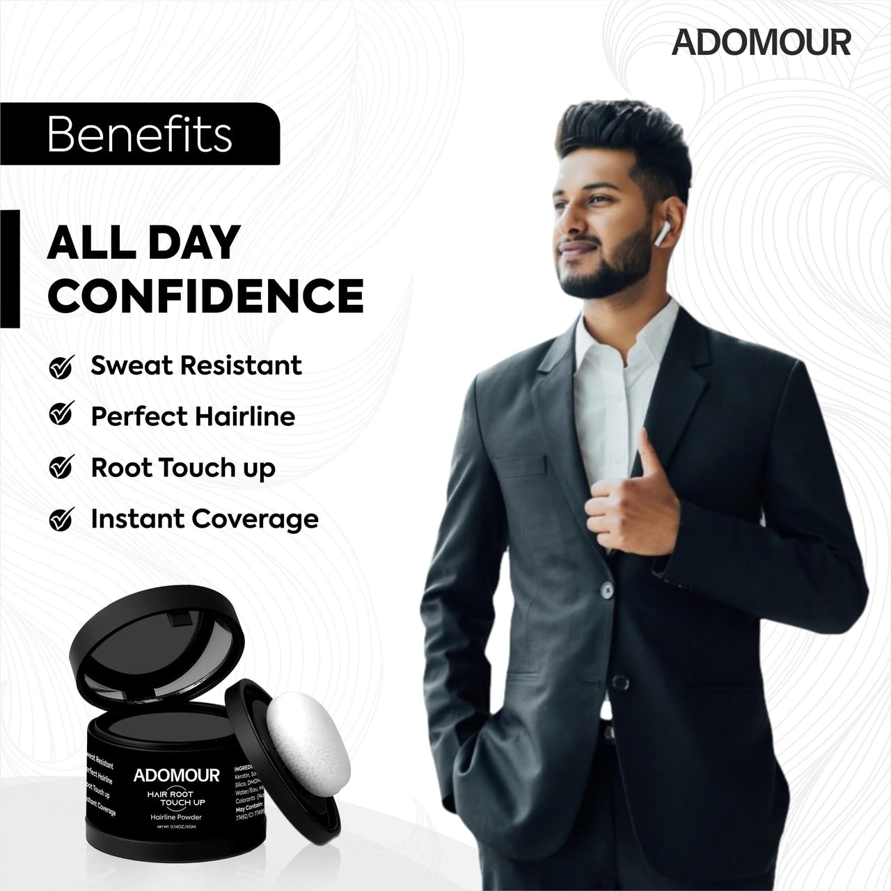 ADOMOUR Root Touchup Powder Black 4g | Covers Hairline, Grey Roots & Bald Spots Instantly | Sweat & Stain Resistant 24HR Formula | Long Lasting & Natural Finish | Cover Up Hair Powder for Men & Women