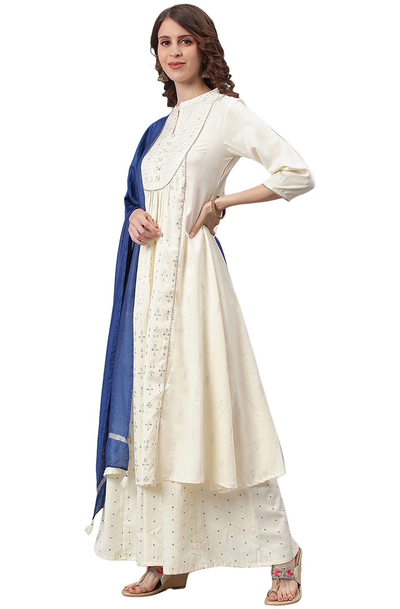 Janasya Women's  Off- White and Silver Poly Silk Kurta With Palazzo and Dupatta