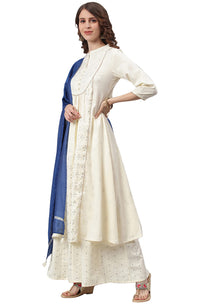 Janasya Women's  Off- White and Silver Poly Silk Kurta With Palazzo and Dupatta