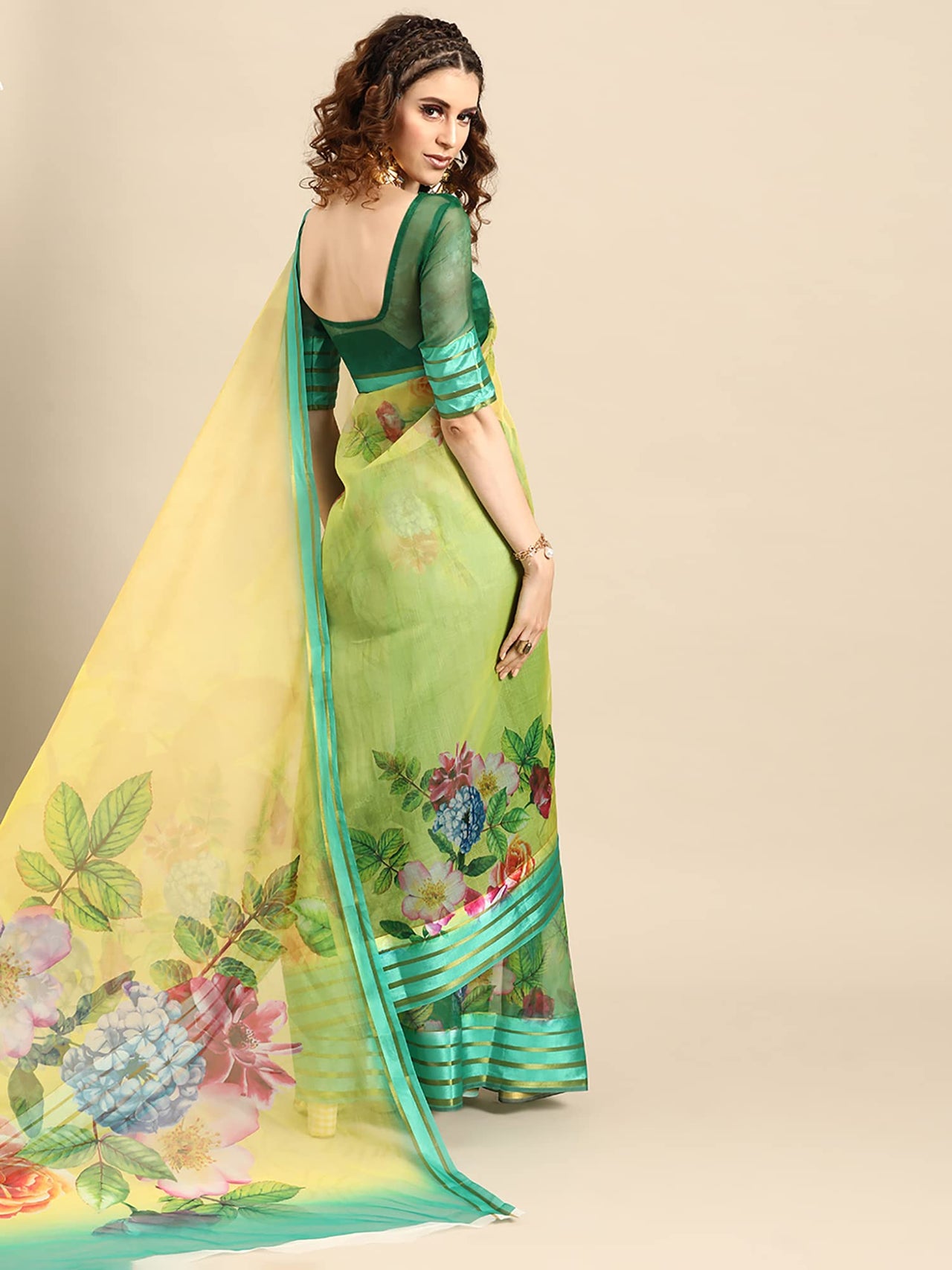 AKHILAM Women's  Knit Floral Printed Organza Saree with Unstitched Blouse Piece (FF0SAGE10_Parent)