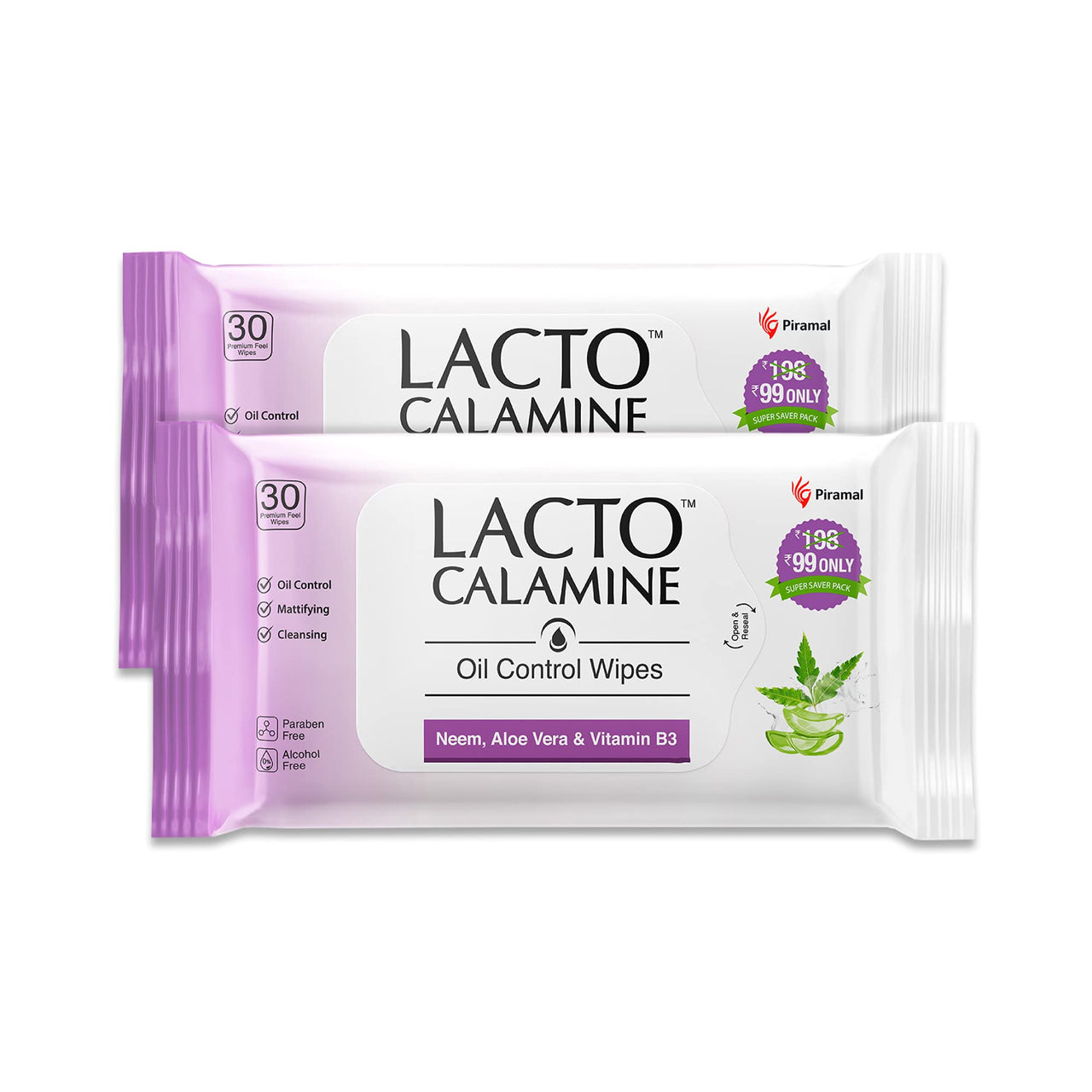 Lacto Calamine Face Lotion for Oil Balance - Oily Skin - 120 ml & Lacto Calamine Oil Control Face Wipes with Neem, Vitamin B3 and Aloe Vera, No Parabens, Alcohol Free, White, 60 Count, Pack of 2