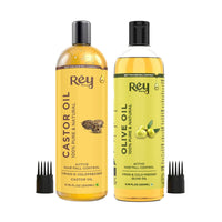 Rey Naturals Virgin Olive Oil & Castor Oil For Nourished Scalp, Hairfall Control & Hair Growth (Jaitun Oil, Arandi Oil) 200ml Each | Cold Pressed Oil For Skin, Face Massage, Eyebrow, Eyelashes