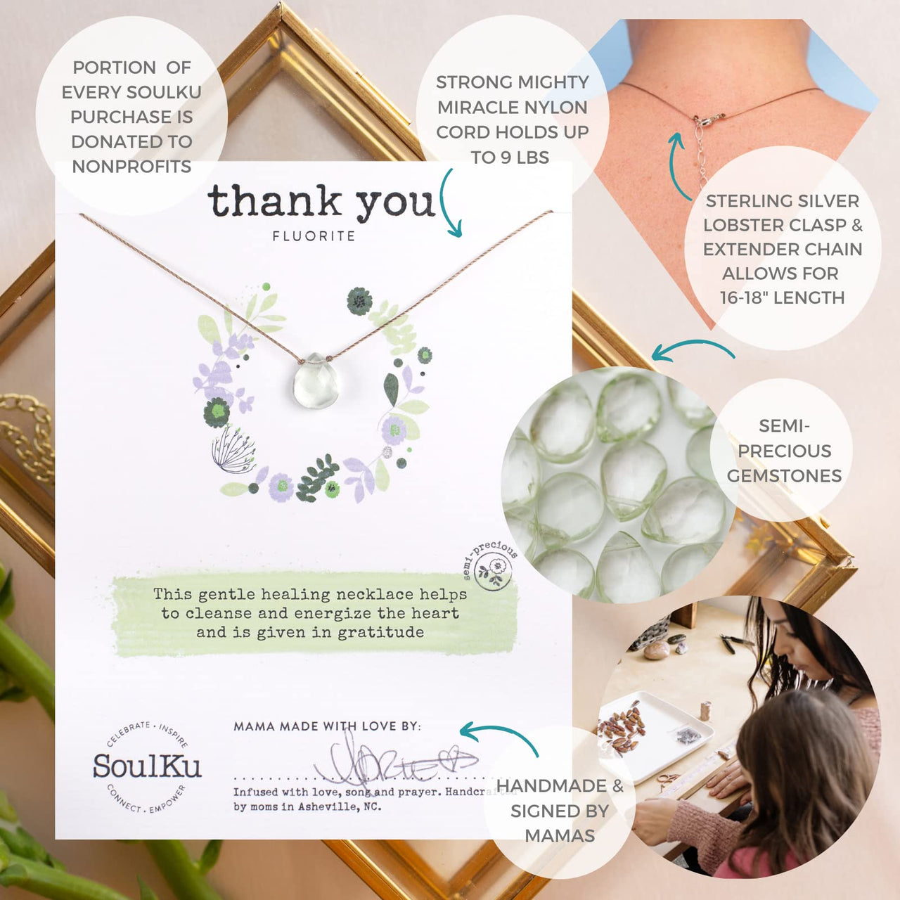 SoulKu Handcrafted Necklace, Empowerment Jewelry With Healing Crystal, Inspirational Jewelry For Women, Mom & Sister Gifts, 2" Extender With Lobster Clasp, 16" Nylon Cord (Thank you, Fluorite)