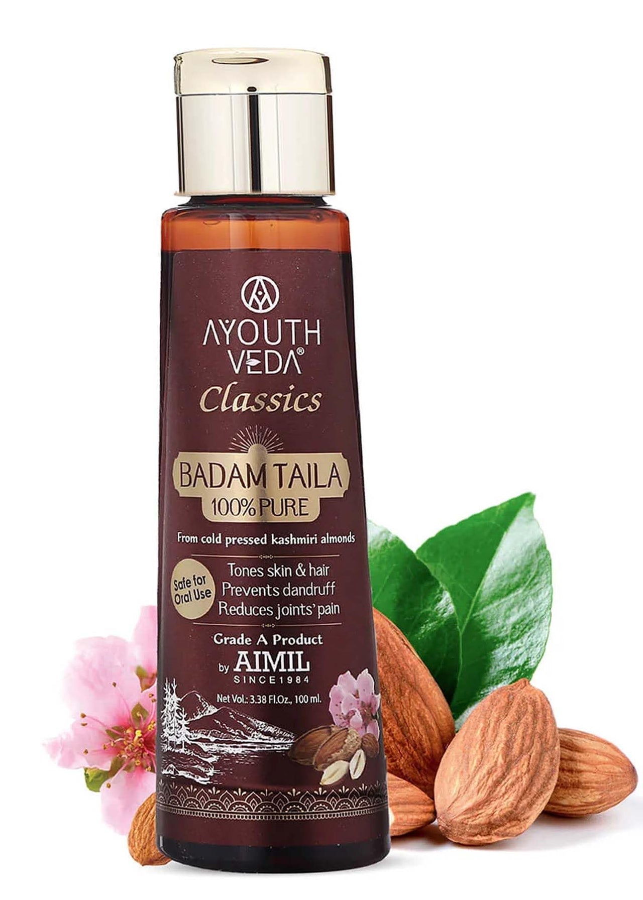 Ayouthveda Badam Taila | Pure & Natural Cold Pressed Kashmir Almond Oil | Massage Oil for Skin & Hair | Prevents Dandruff & Nourishes Hair & Scalp | Safe For Oral Use (Pack of 1, 100 ml)