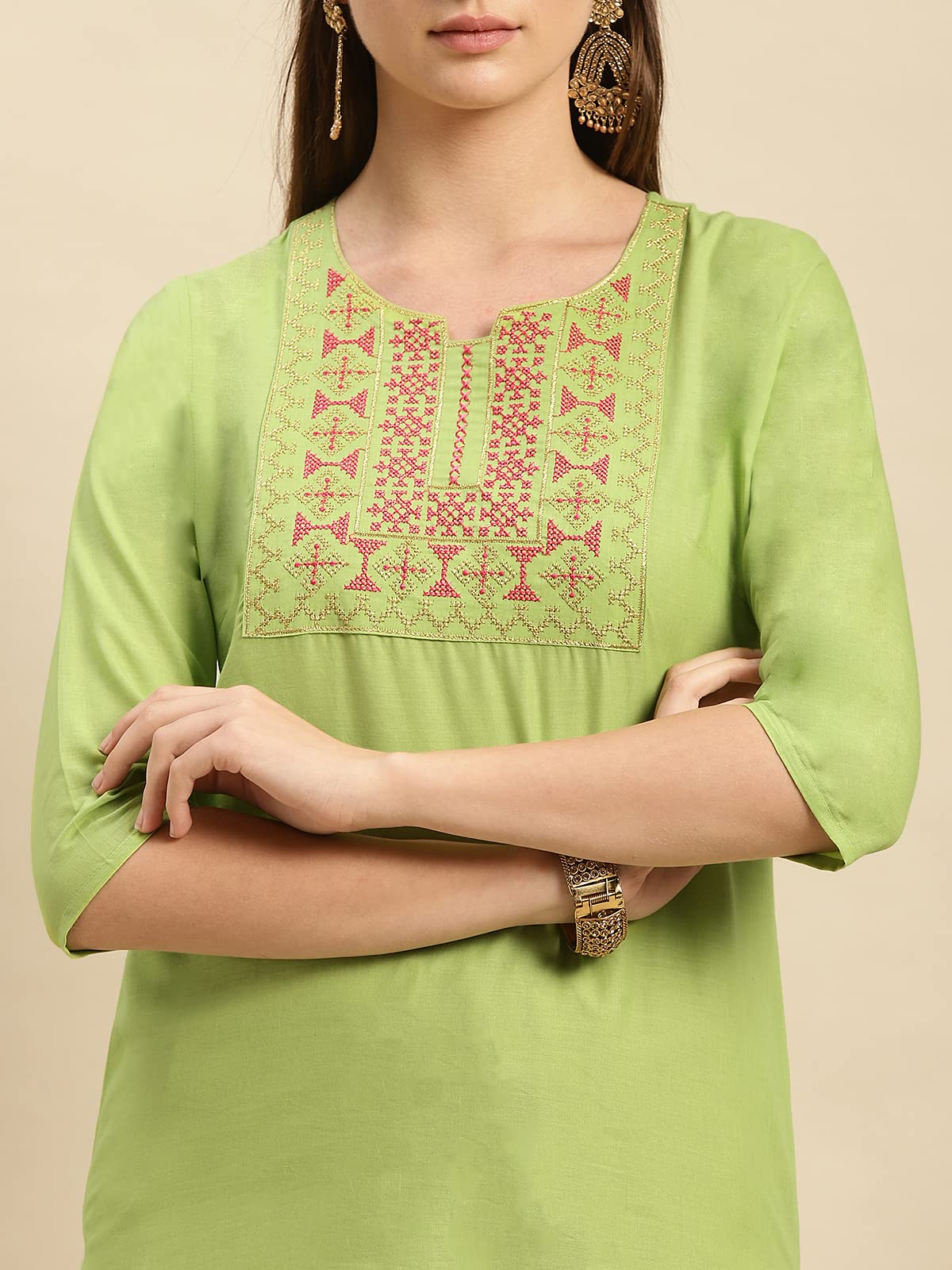 rangita Women 100% Cotton Yoke Zari Embroidered Knee Length Straight Kurti