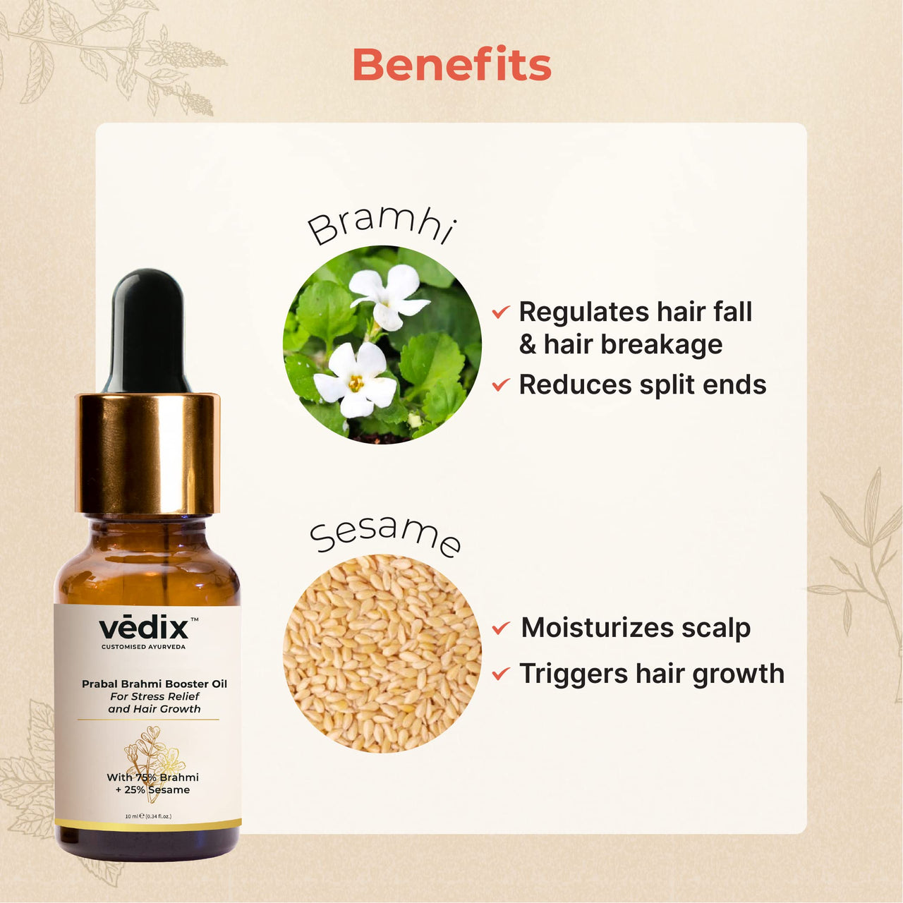 Vedix Customised Ayurvedic Hair Oil | Prabal Brahmi Booster Oil | For De-Stress and Hair Growth | With 75 Brahmi And Sesame - 10ml