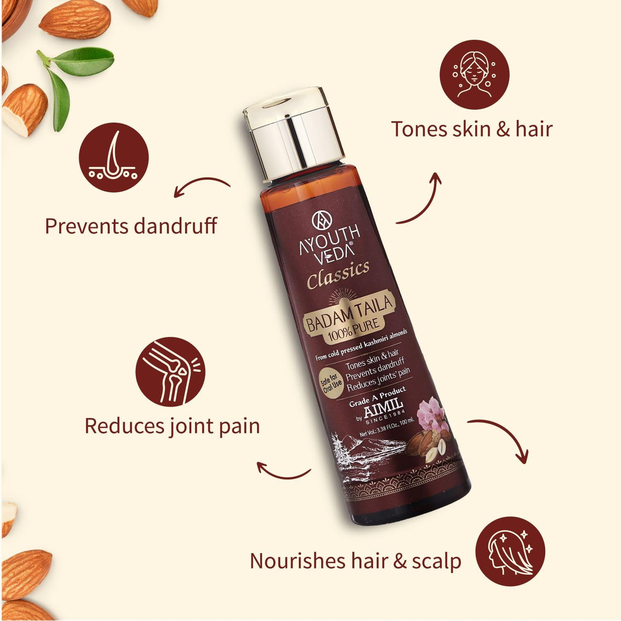 Ayouthveda Badam Taila | Pure & Natural Cold Pressed Kashmir Almond Oil | Massage Oil for Skin & Hair | Prevents Dandruff & Nourishes Hair & Scalp | Safe For Oral Use (Pack of 1, 100 ml)