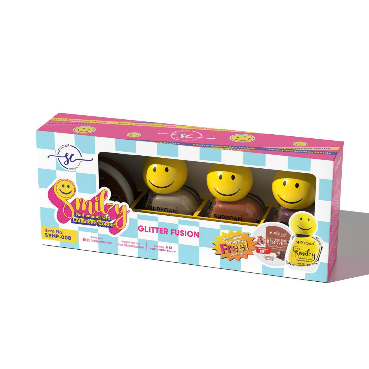 Shryoan Smil-y Glossy Nail Enamel With Enhanced Colors | Long Lasting Nail Polish | With Nail Polish Remover | Shade- Glitter Fusion | Set of 3 | 11ml Each