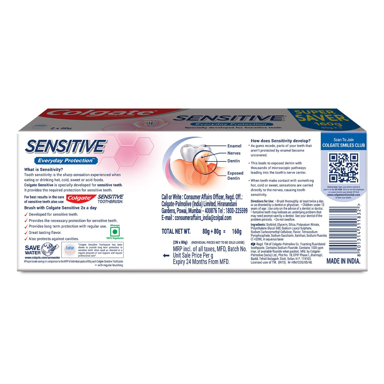Colgate Sensitive Everyday Protection Toothpaste, Combo Pack Of 160g (80g X 2), Specifically Developed For Sensitive Teeth & Healthy Gums, Tooth paste For Prevention Of Cavities & Plaque