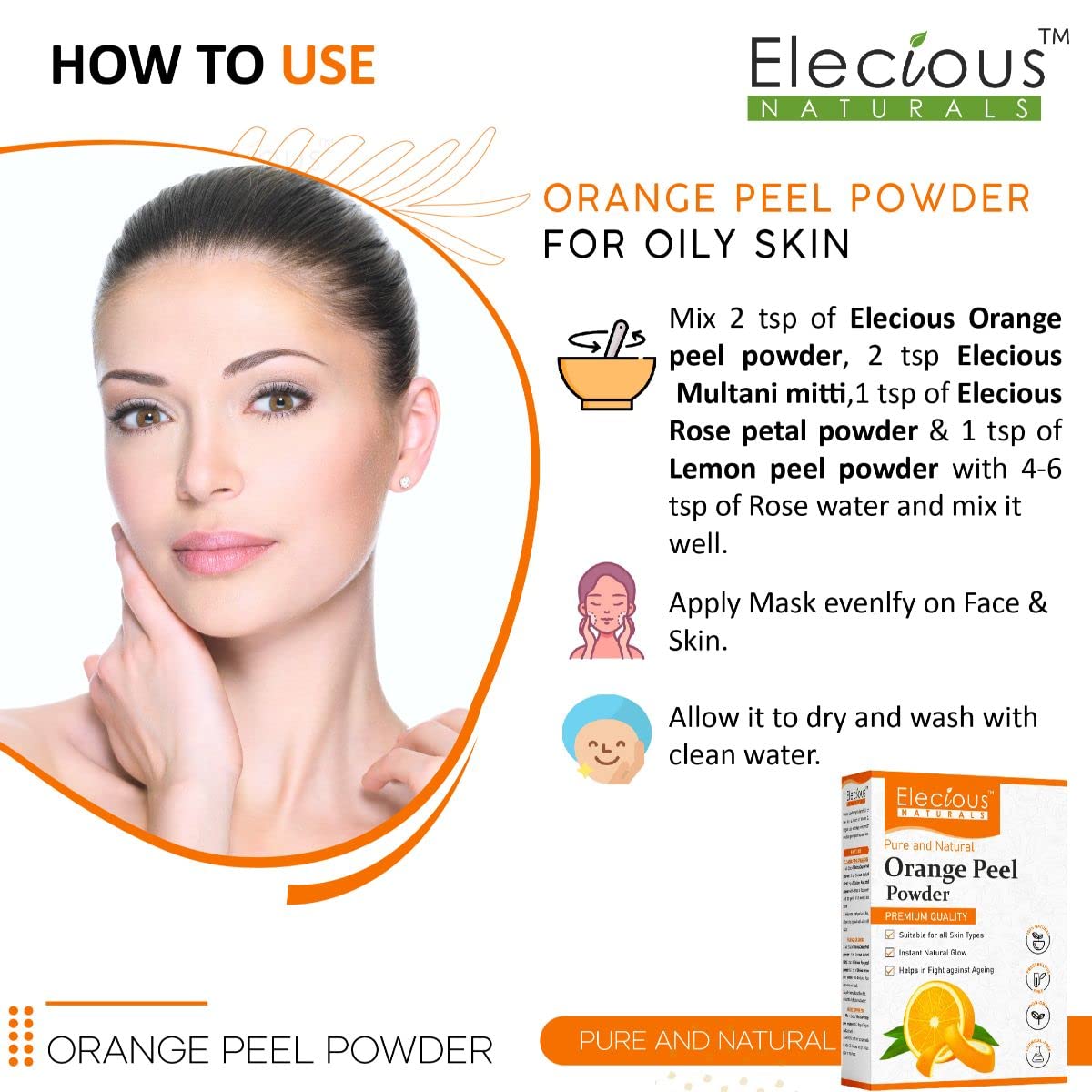 Elecious Orange Peel Powder For Skin and Face (200 Grams) | No Chemical, No preservative | Help in Tan Removal, Face cleansing and make skin glowing